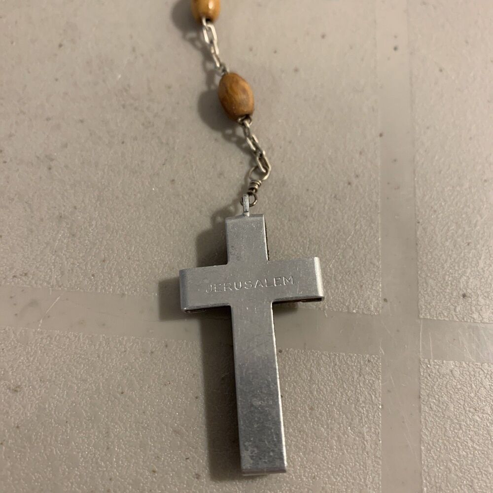 Vintage Rosary Olive Wood Seed Beads Bethlehem Catholic Crucifix Cross Necklace - Picture 3 of 7